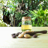 Sacha inchi (plukenetia volubilis) seed oil  in jar pressed from seeds on spoon - photo by bambambu